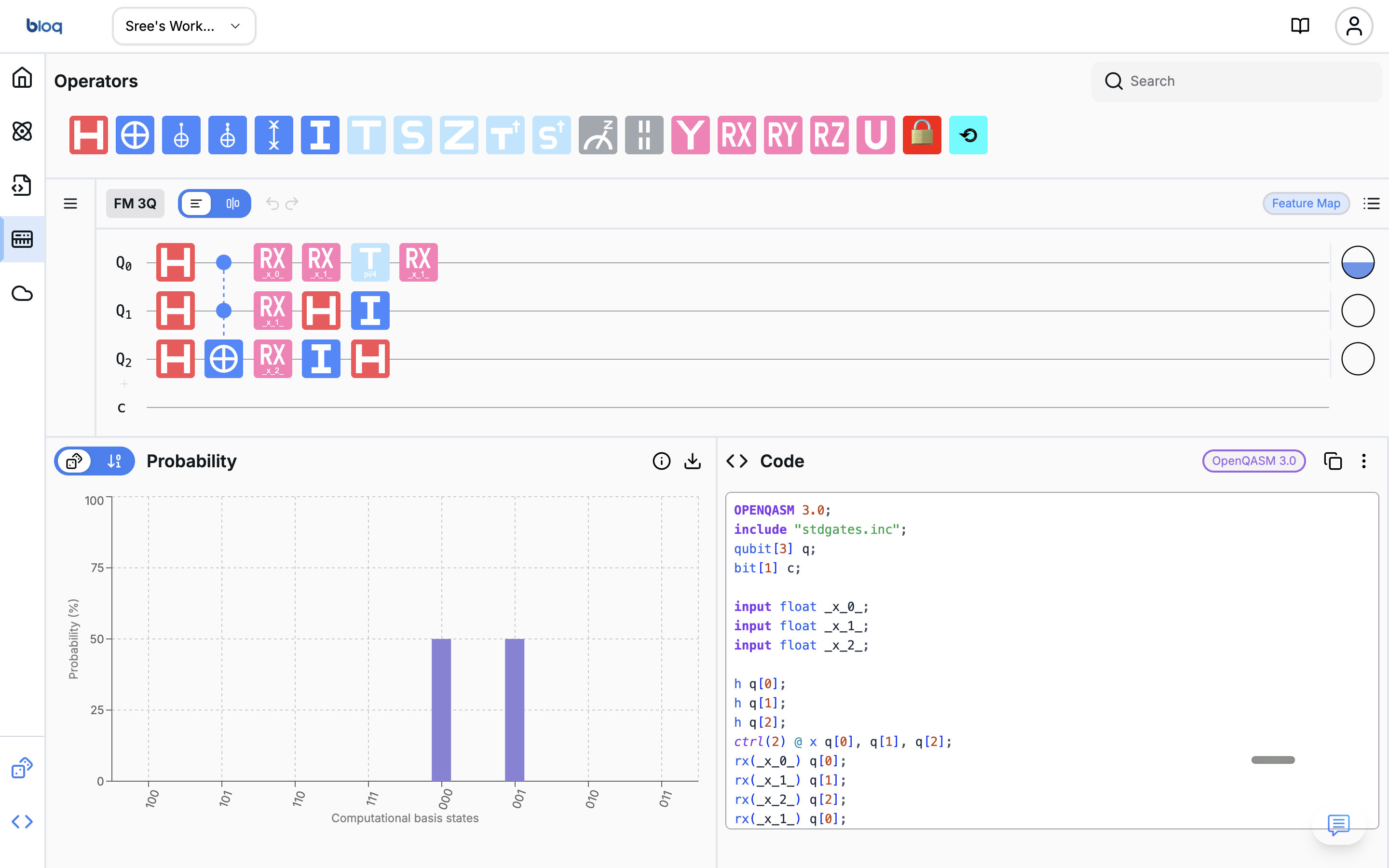 Bloq Quantum Circuit Studio — visual circuit composer with drag-and-drop gates, custom ansatz and feature map builder, and OpenQASM code export