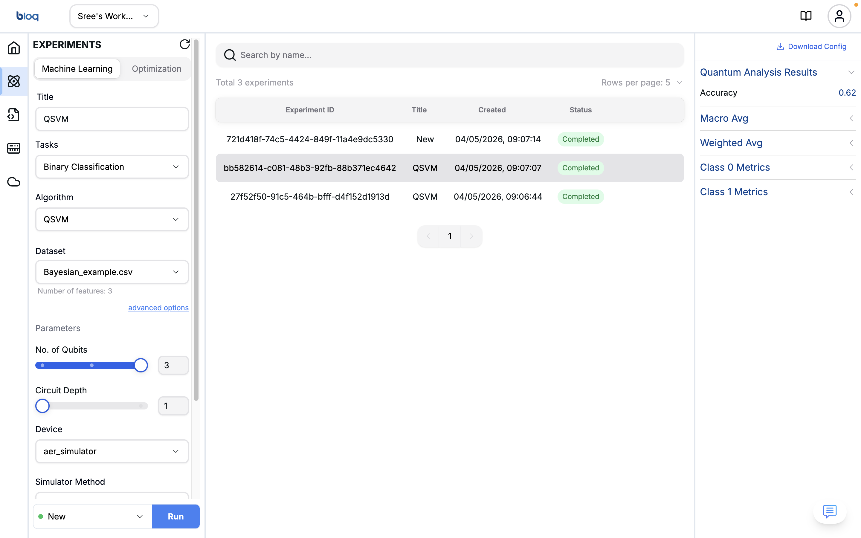 Bloq Quantum Experiments Module — no-code interface for uploading datasets, selecting algorithms, and running workloads on quantum hardware